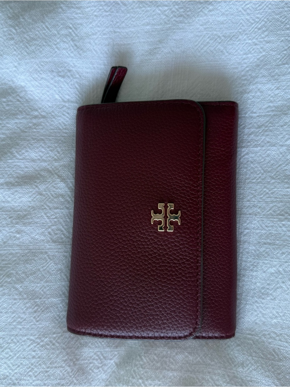Tory Burch Wine Pebbled Leather Bifold Wallet with Gold Logo